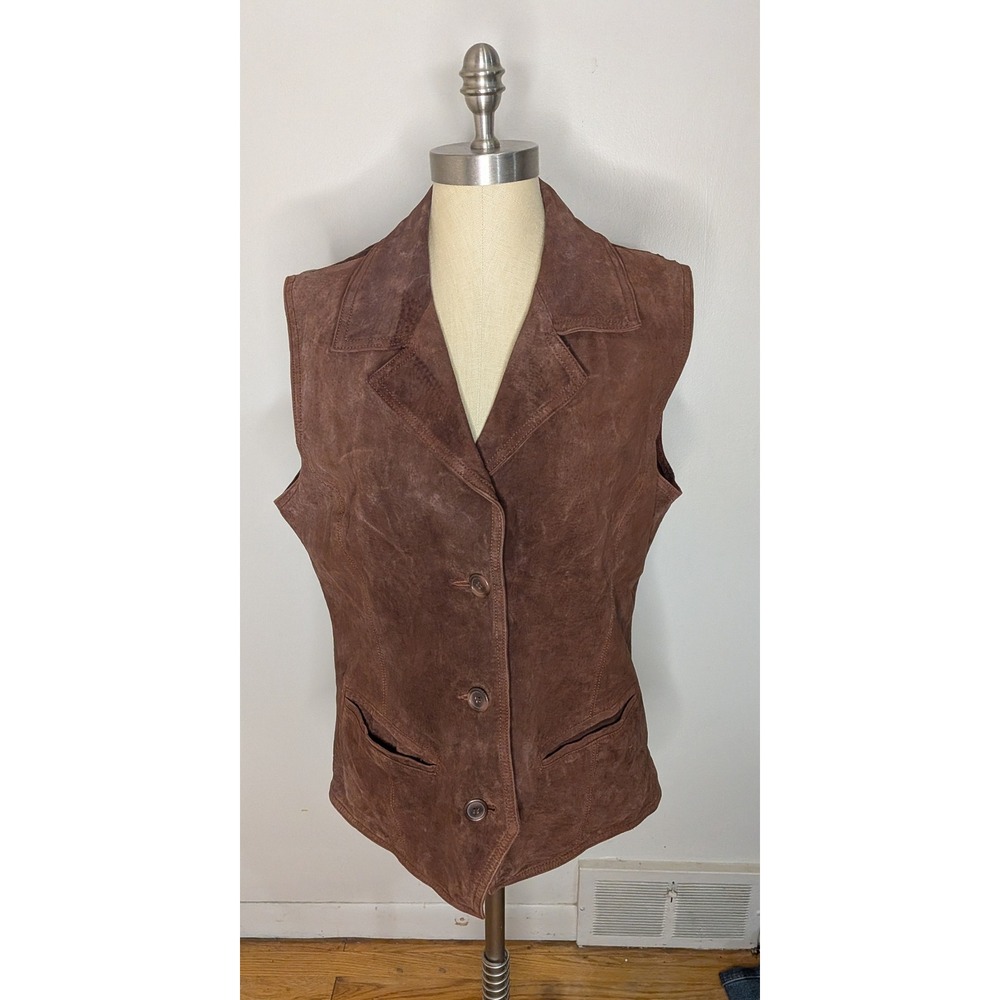 VTG Womens Size L Brown Suede Leather Vest Button Front Cowgirl Western Boho